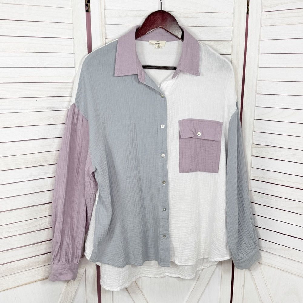 Entro Oversized Gauze Color Block Button Up Shirt… - image 7